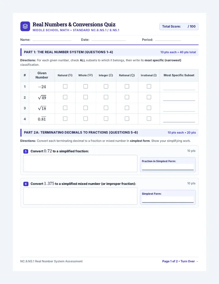 Real Number Conversions Quiz