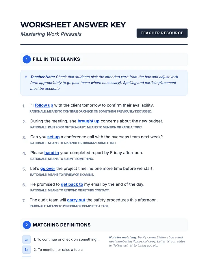 Workplace Phrasal Verbs Answer Key