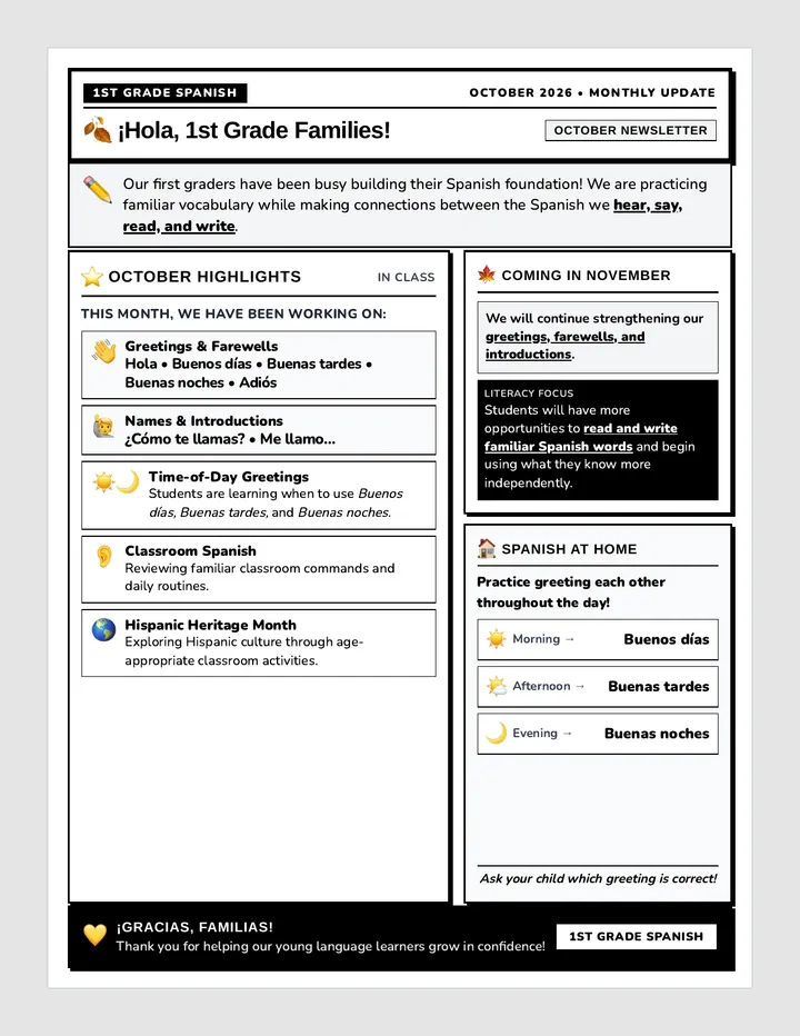 First Grade Spanish October Newsletter