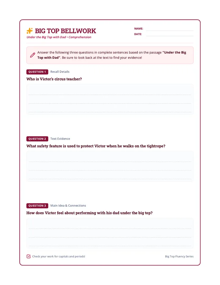 Big Top Bellwork Worksheet