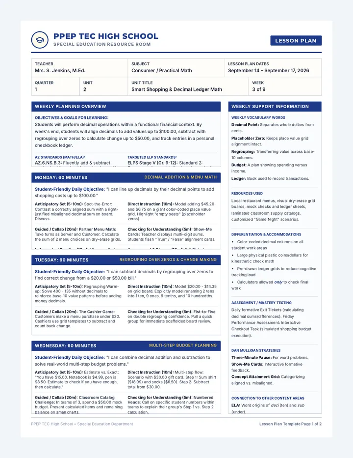 Cash Flow Weekly Lesson Plan