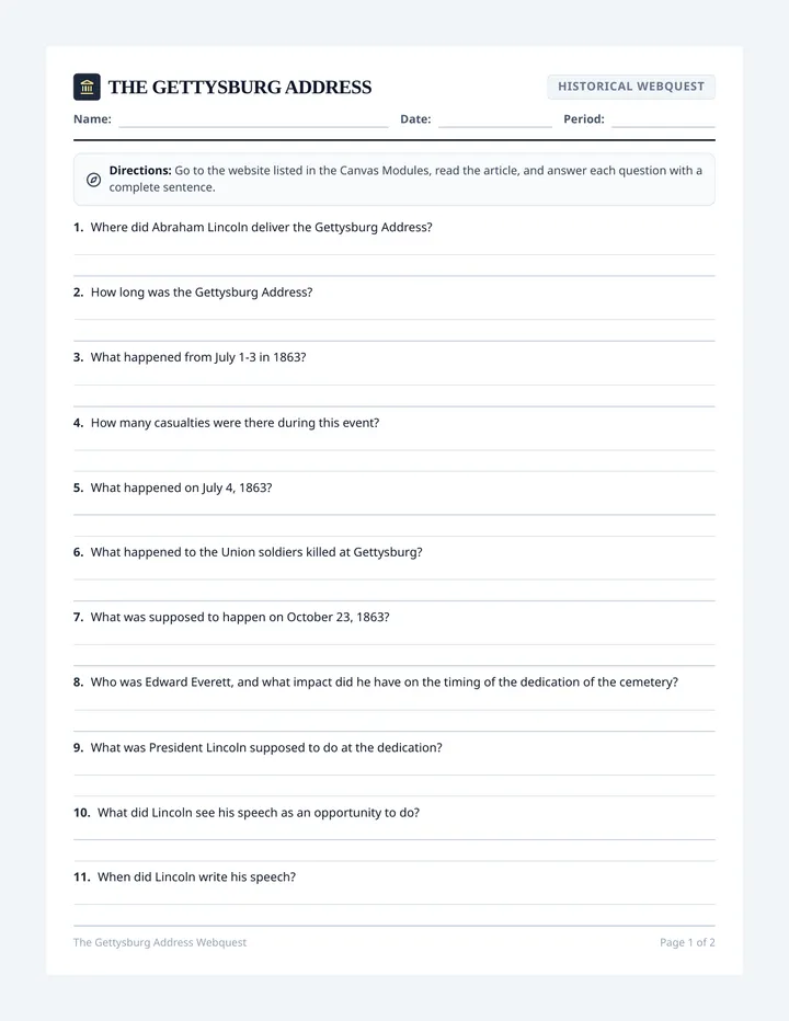 Gettysburg Address Webquest Worksheet