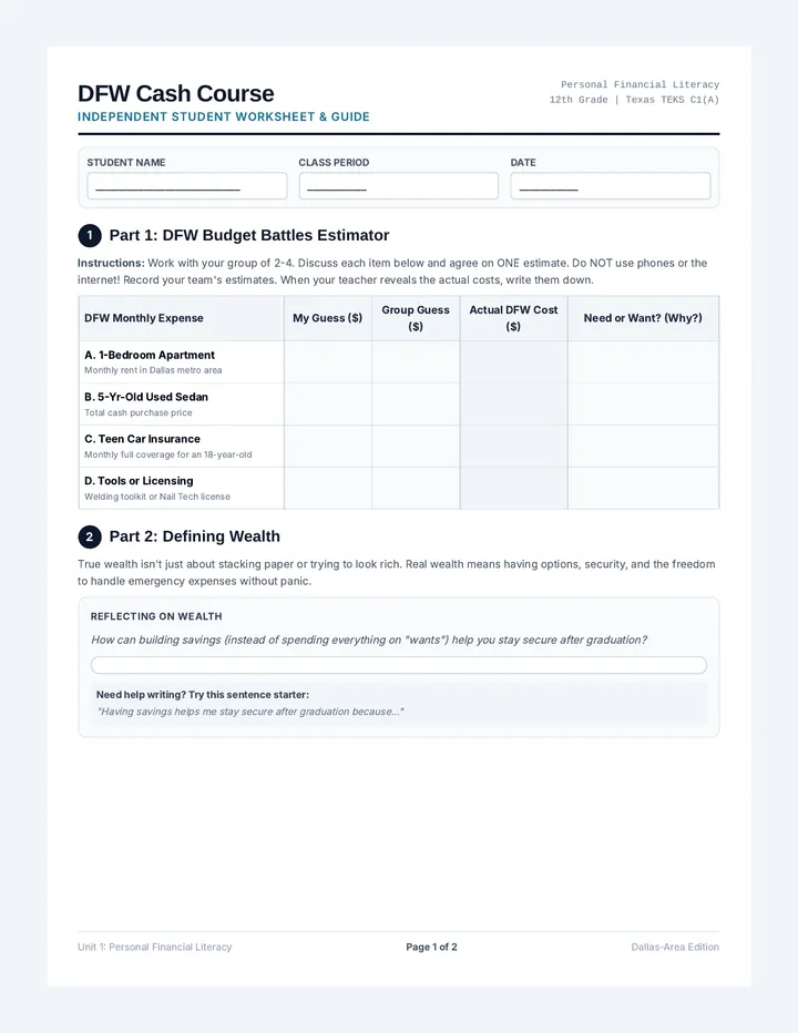 DFW Cash Course Worksheet