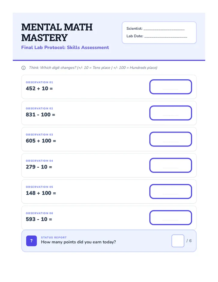 Mental Math Mastery Worksheet (Light)