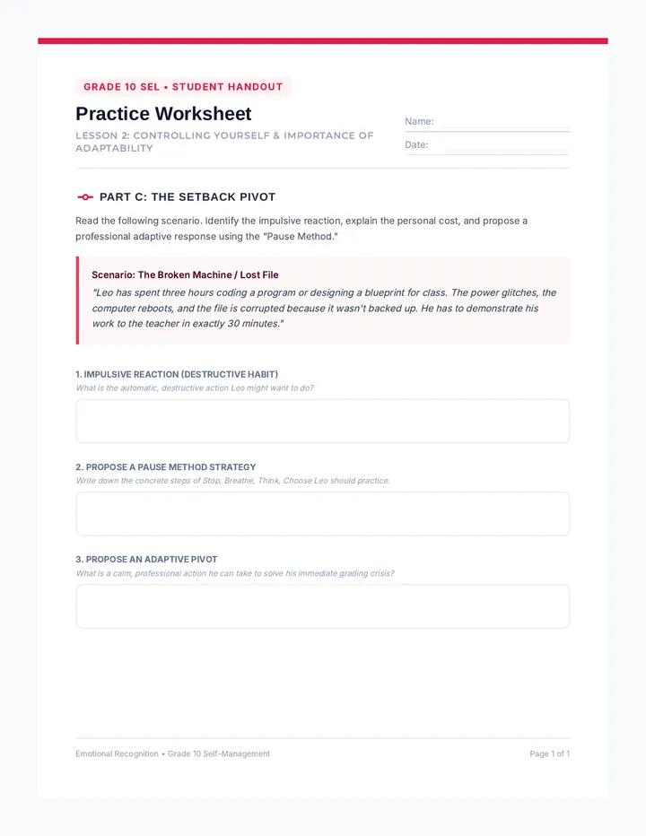 Controlling Yourself Practice Worksheet