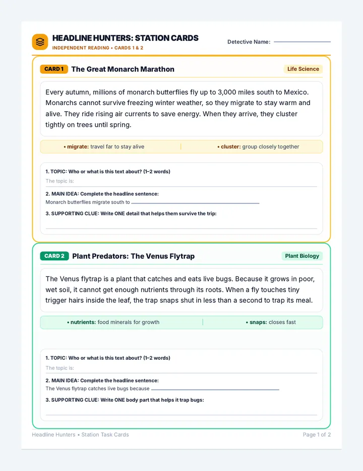 Headline Hunters Task Cards