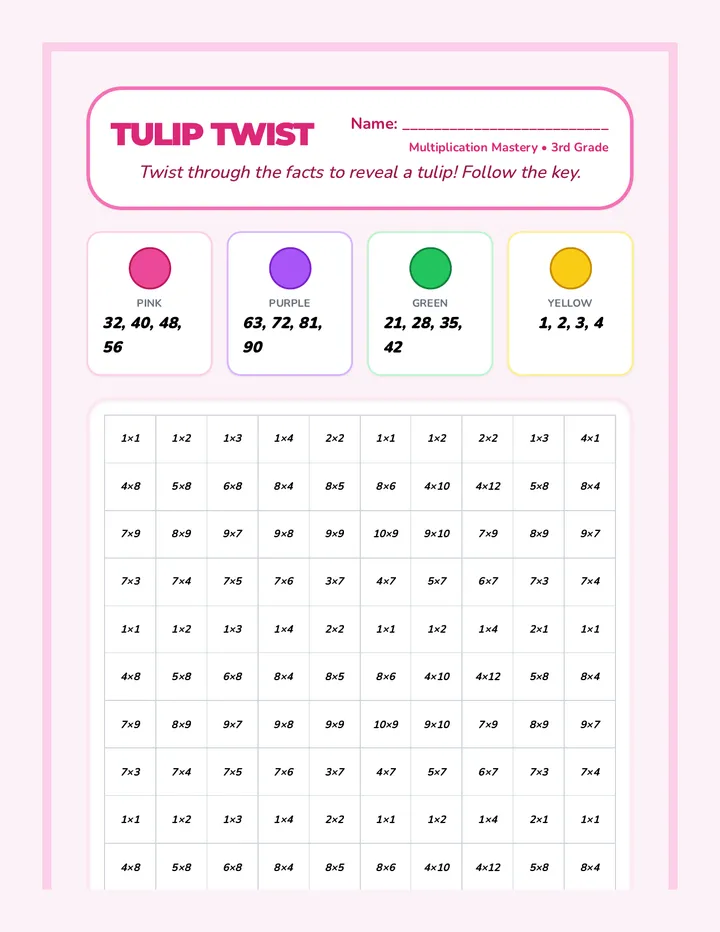 Tulip Twist Multiplication Color by Number