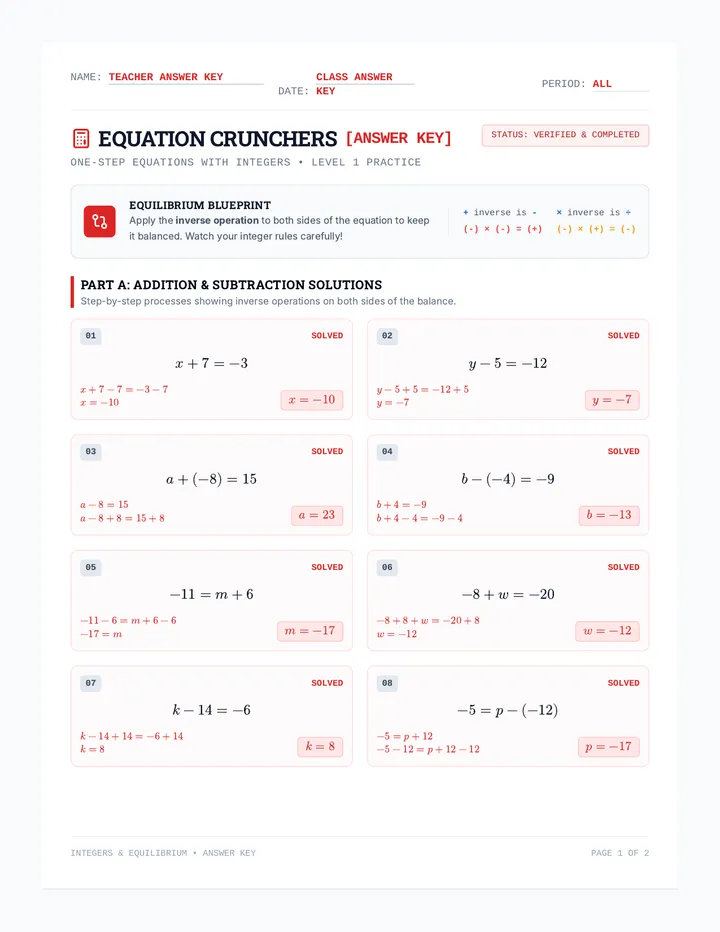 Equation Crunchers Answer Key