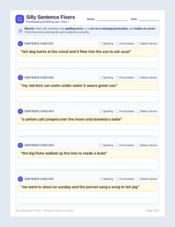 Silly Sentence Fixers Worksheet