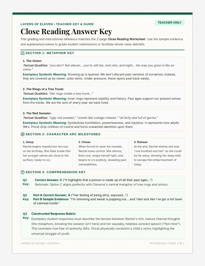 Close Reading Answer Key