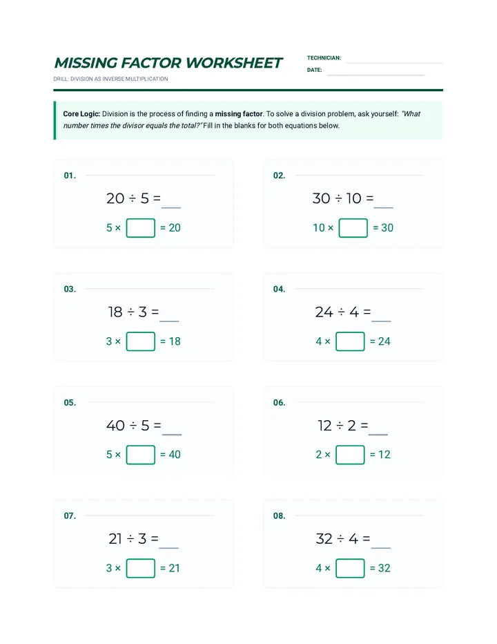 Missing Factor Worksheet