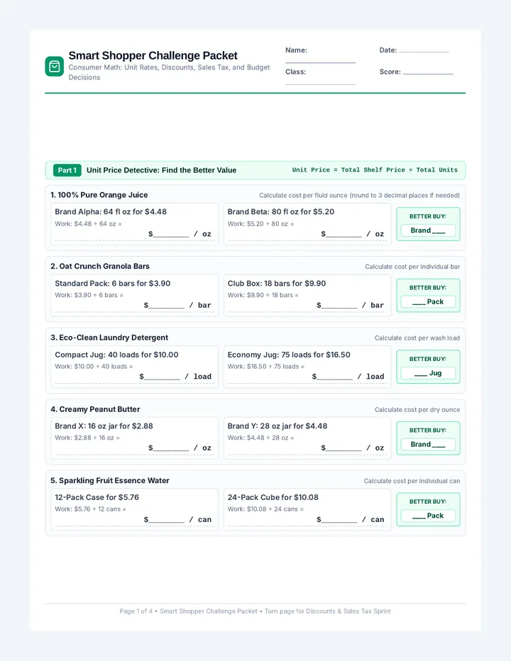 Smart Shopper Challenge Worksheet