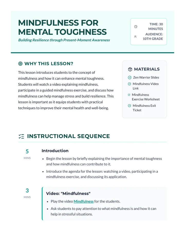 Mindfulness Mental Toughness Lesson Plan Teacher Resource