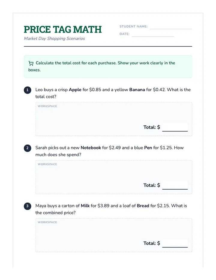 Price Tag Math Worksheet
