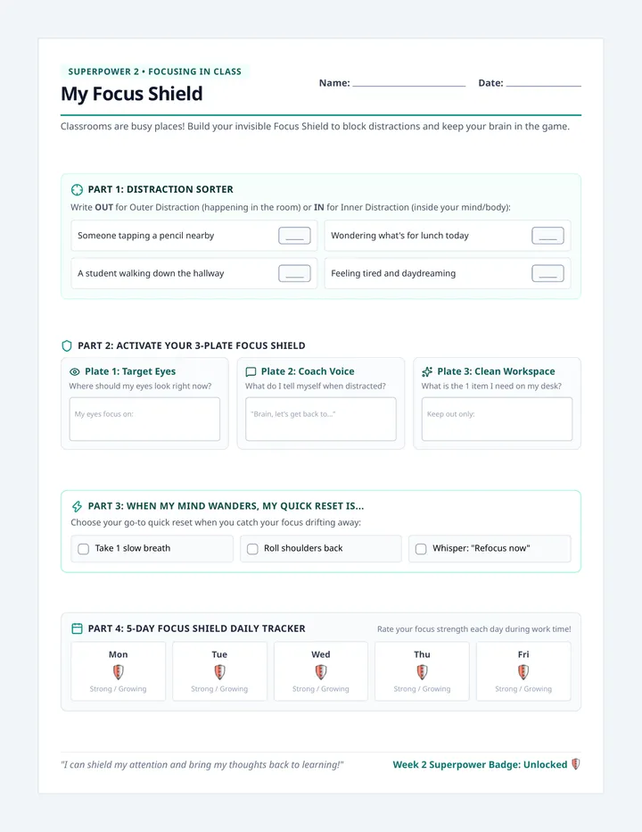 Focus Shield Workbook Page