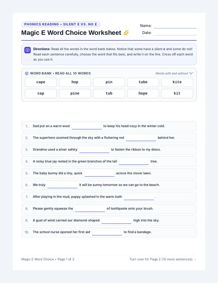 Magic E Word Choice Worksheet