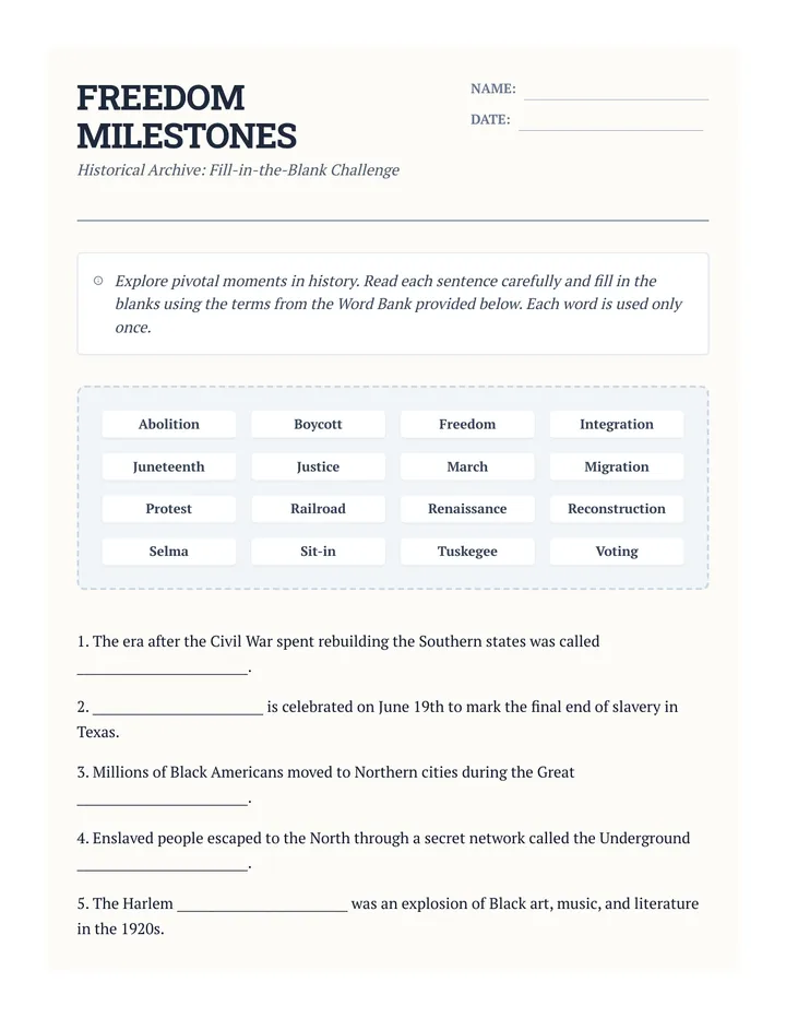 Freedom Milestones Fill-in-the-Blank Worksheet