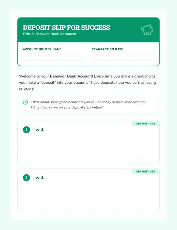 Deposit Slip for Success Worksheet