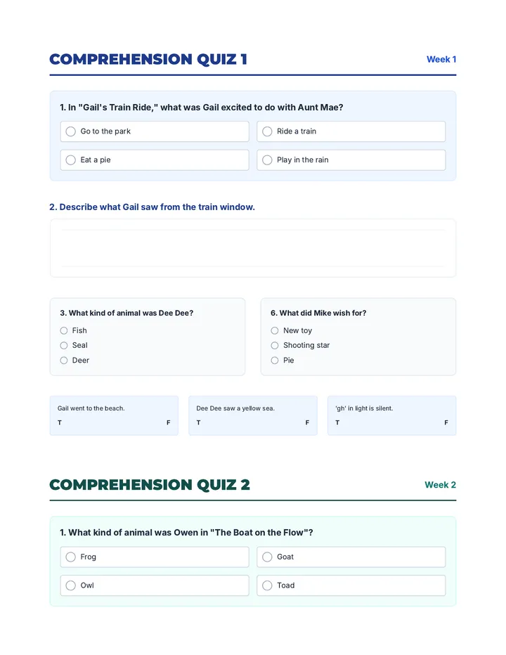Vowel Team Voyage Comprehension Quizzes Document