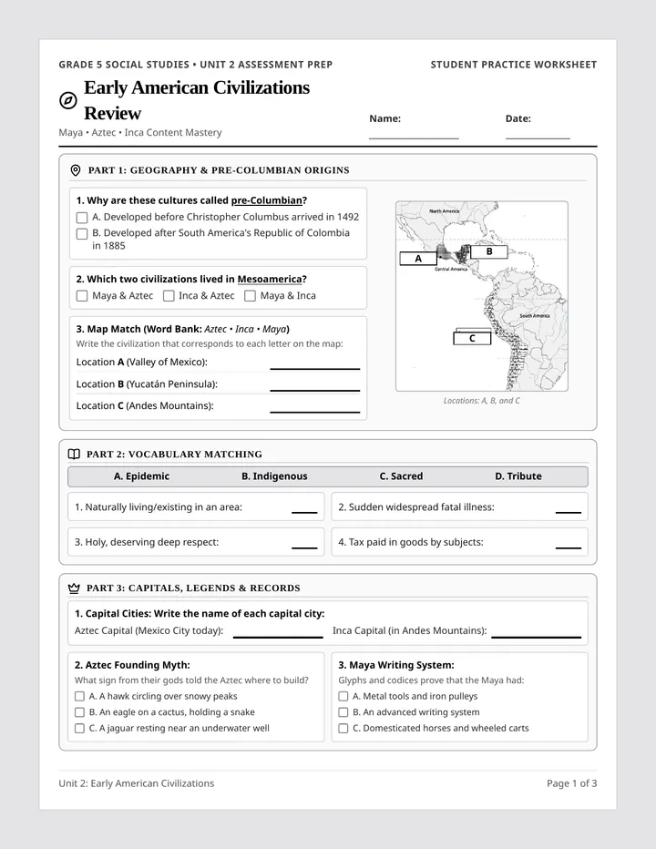 Early Civilizations Review Worksheet