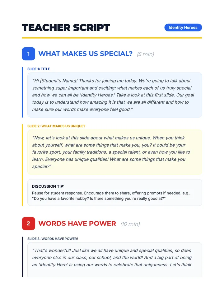 Identity Heroes Teacher Script