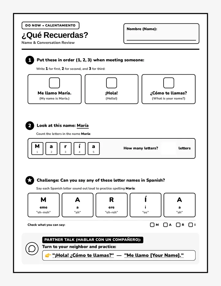 Que Recuerdas Warmup Activity