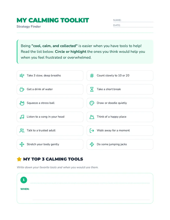 Calming Tools Worksheet