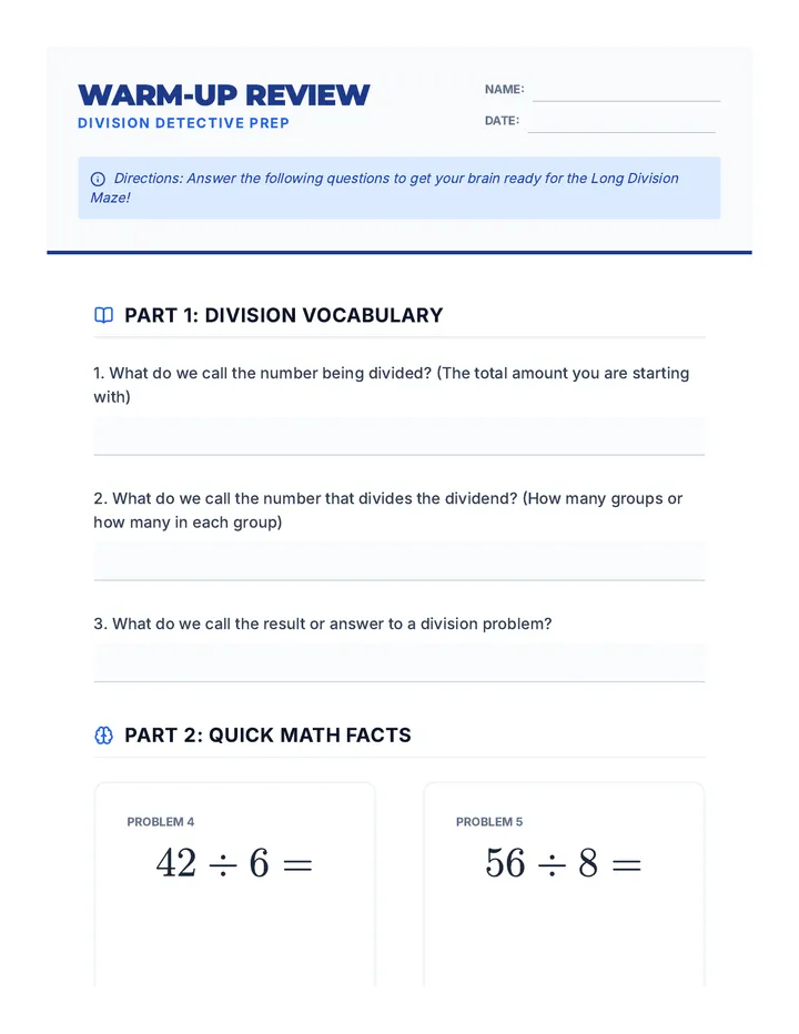 Warm Up Review Worksheet