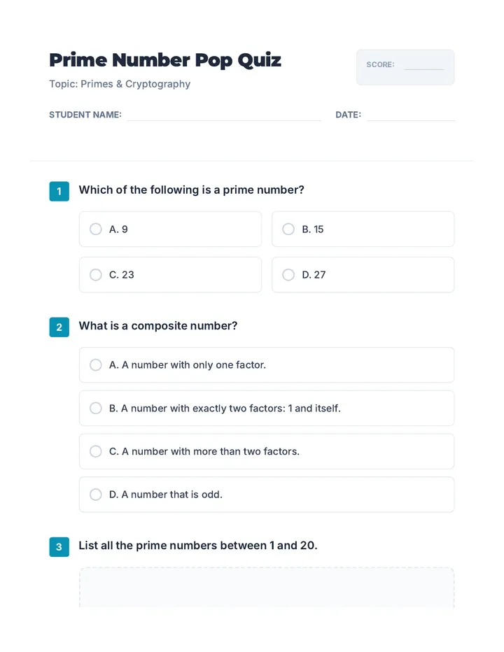 Prime Number Pop Quiz Assessment