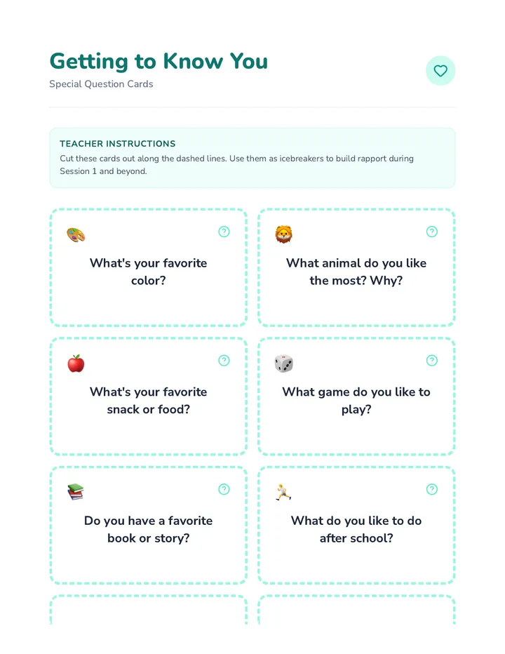Getting-To-Know-You Question Cards Activity