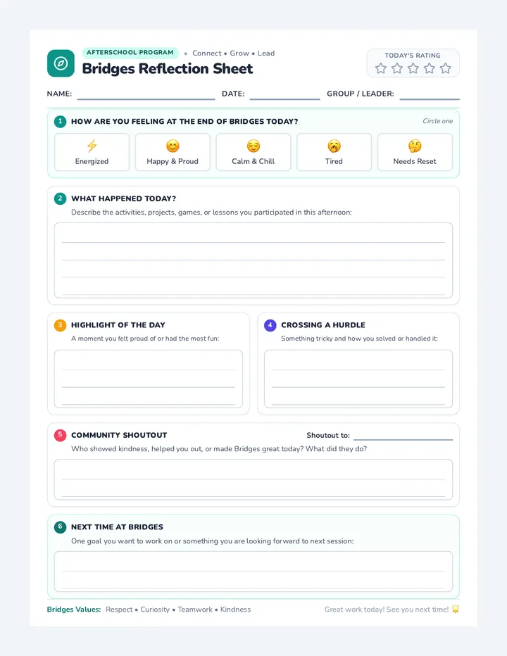 Bridges Daily Reflection Sheet