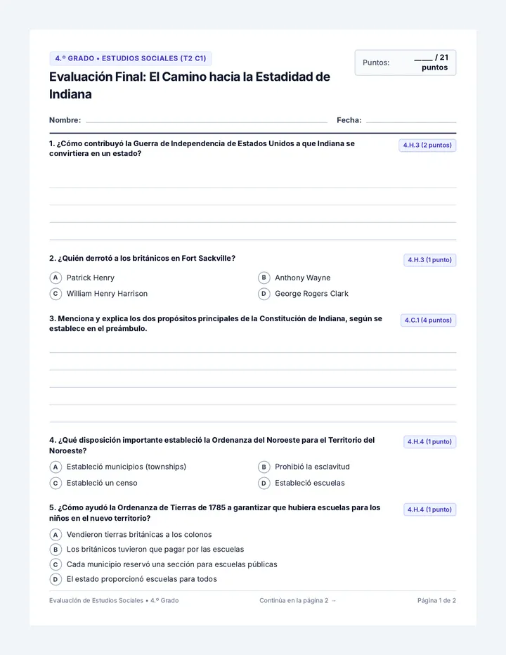 Indiana Statehood Spanish Test