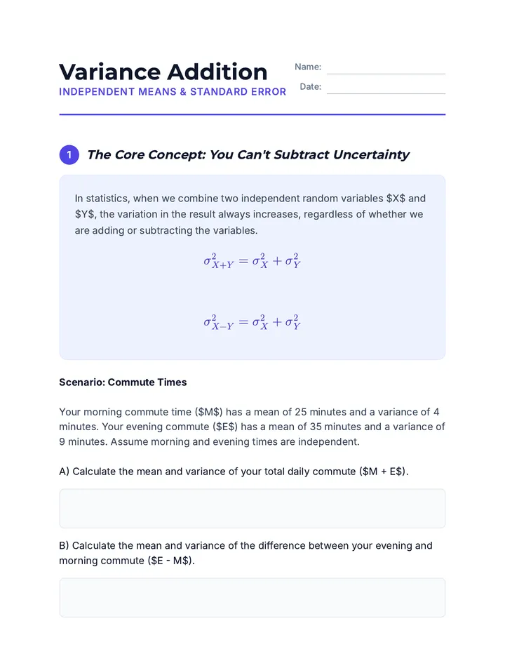 Variance Addition Worksheet
