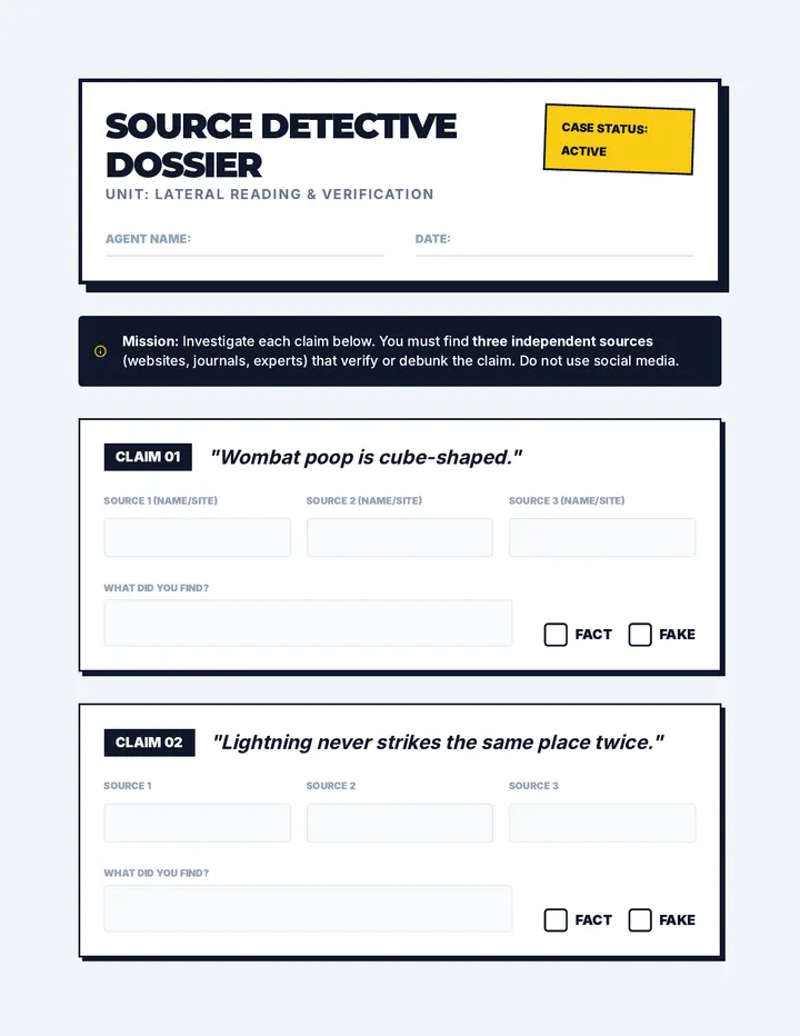 Source Detective Dossier Worksheet