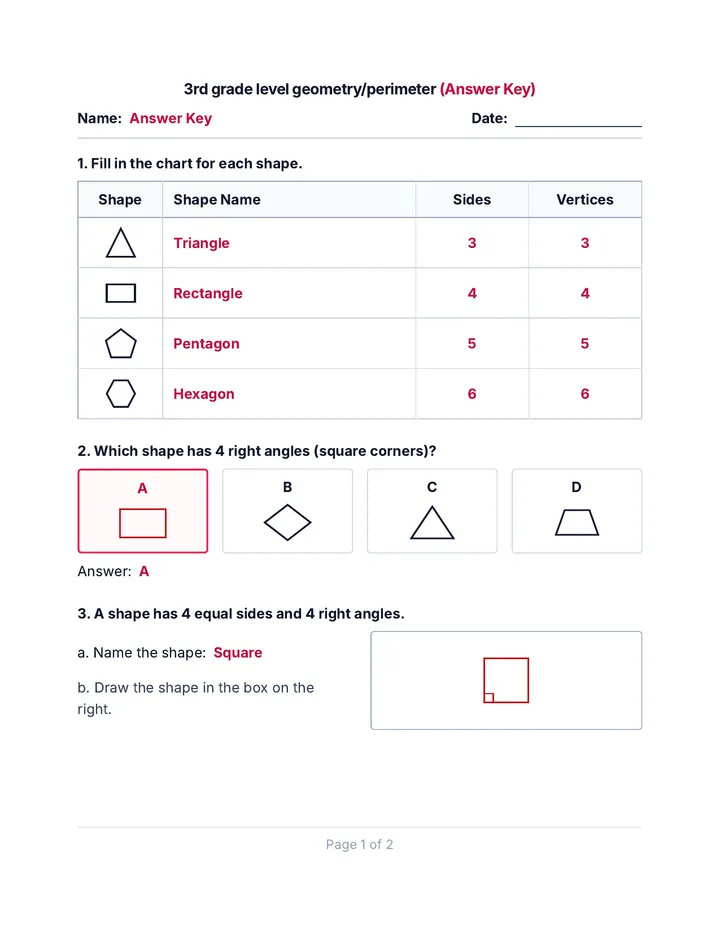 3rd grade level geometry/perimeter Answer Key