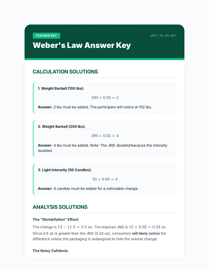 Weber's Law Answer Key