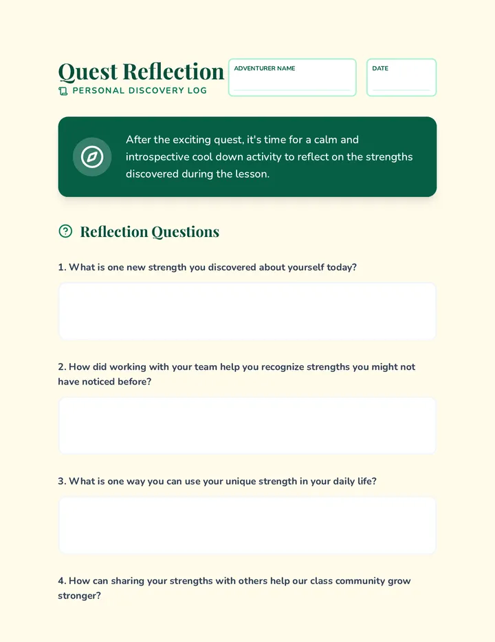 Quest Reflection Cool Down Worksheet