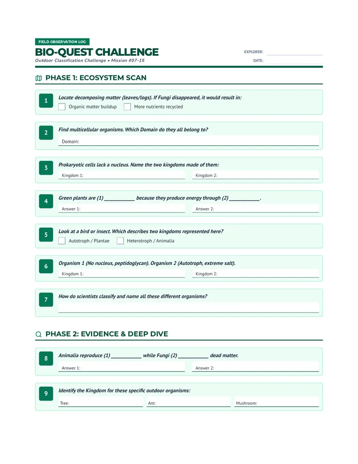 Wild Kingdom Bio-Quest Worksheet