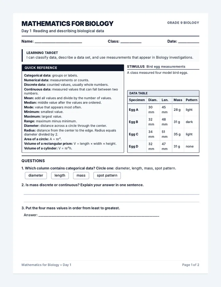 Mathematics for Biology Handout