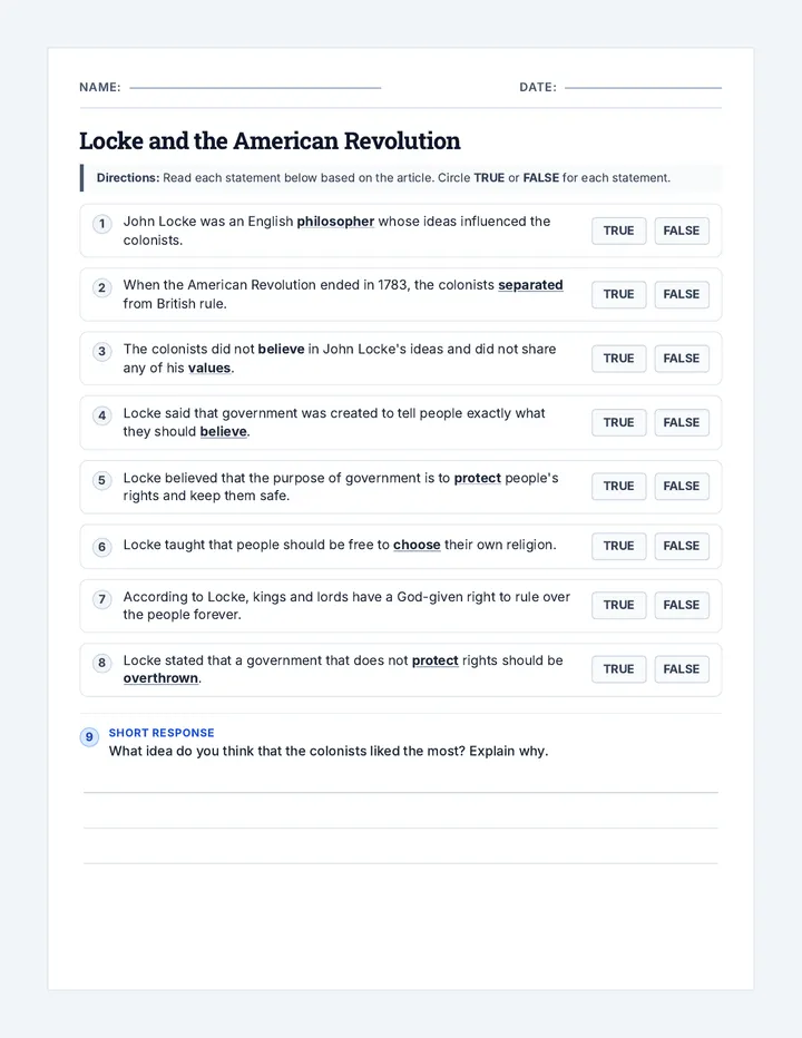 Revolutionary Ideas Worksheet