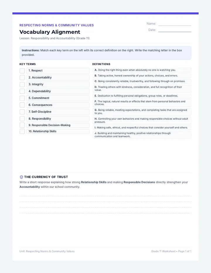 Responsibility and Accountability Vocabulary Worksheet