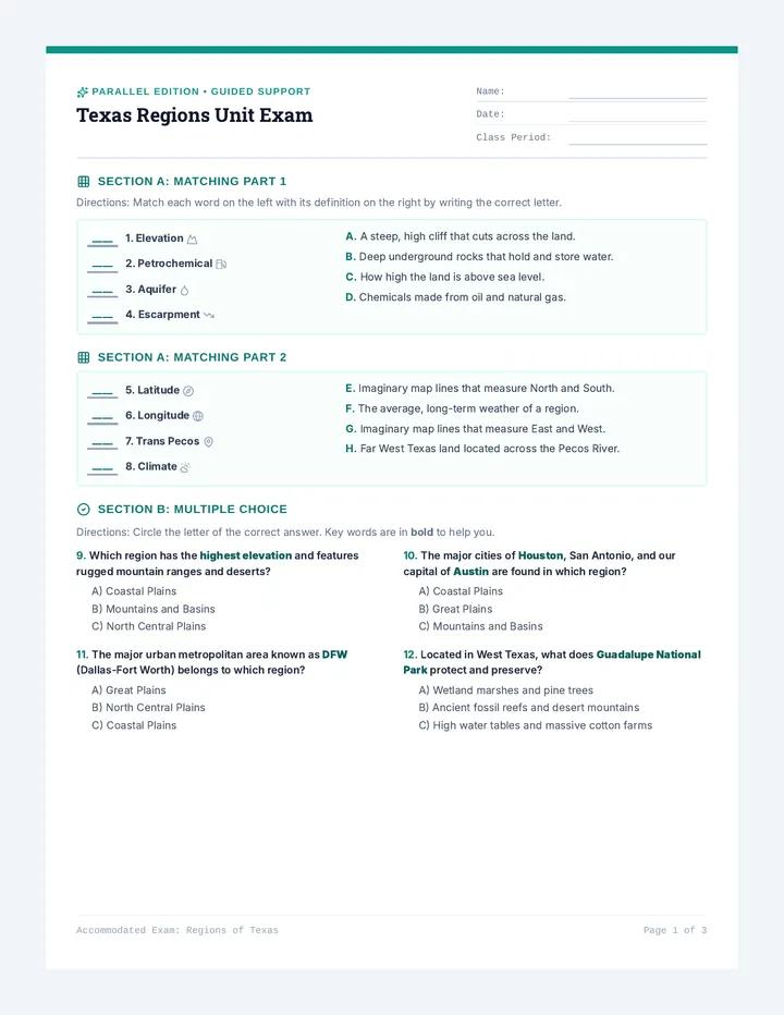 Texas Regions Modified Test