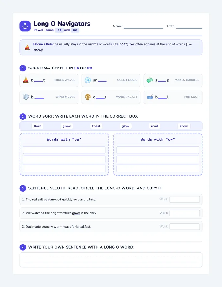 Long O Navigators Worksheet