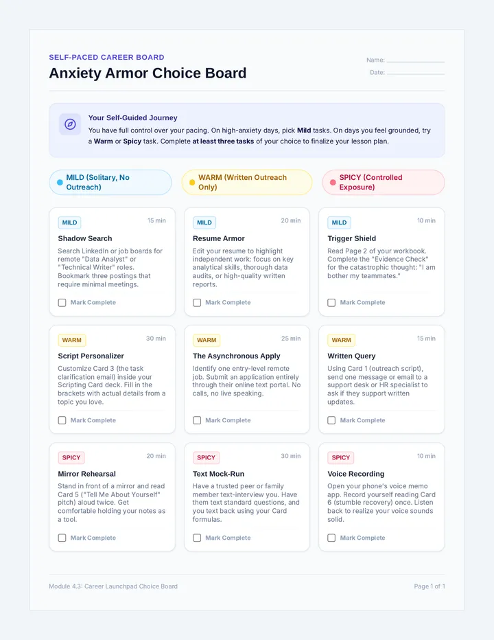 Anxiety Armor Choice Board