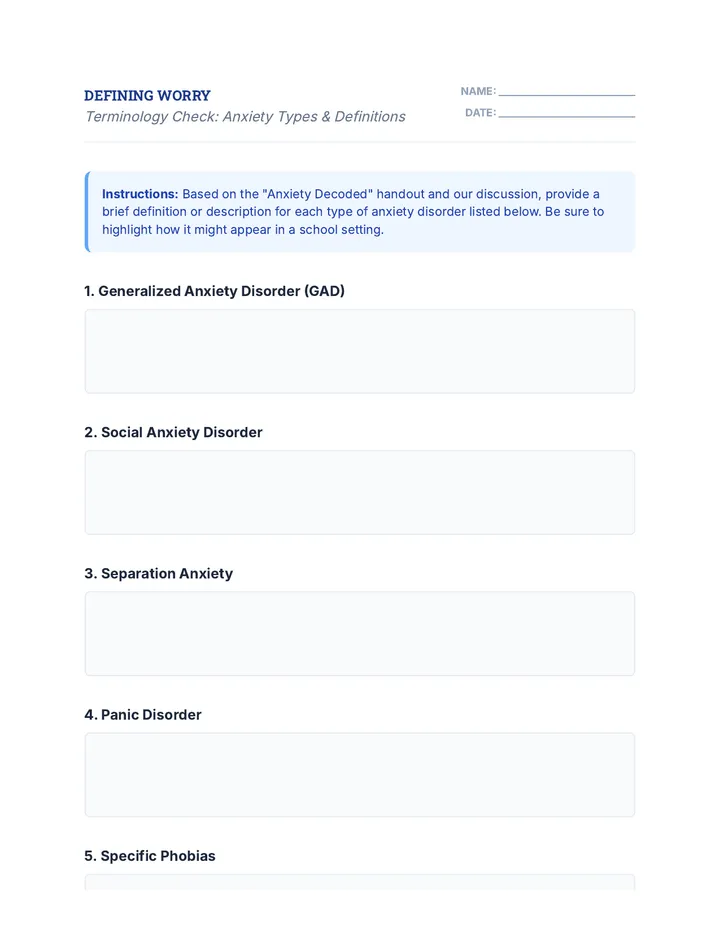 Defining Worry Worksheet