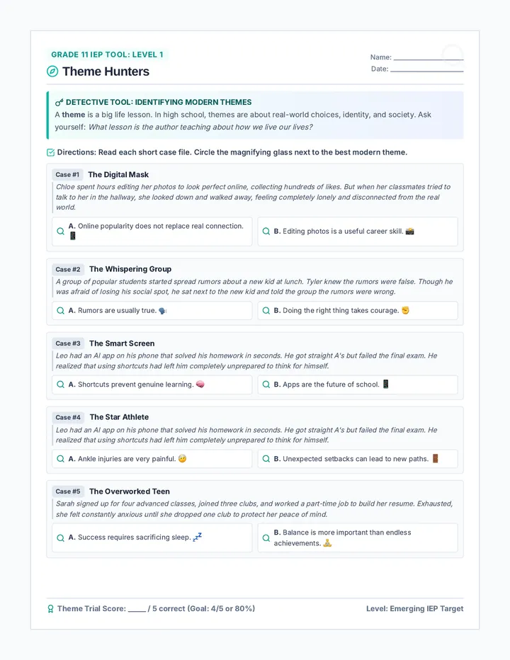 Theme Hunters Worksheet