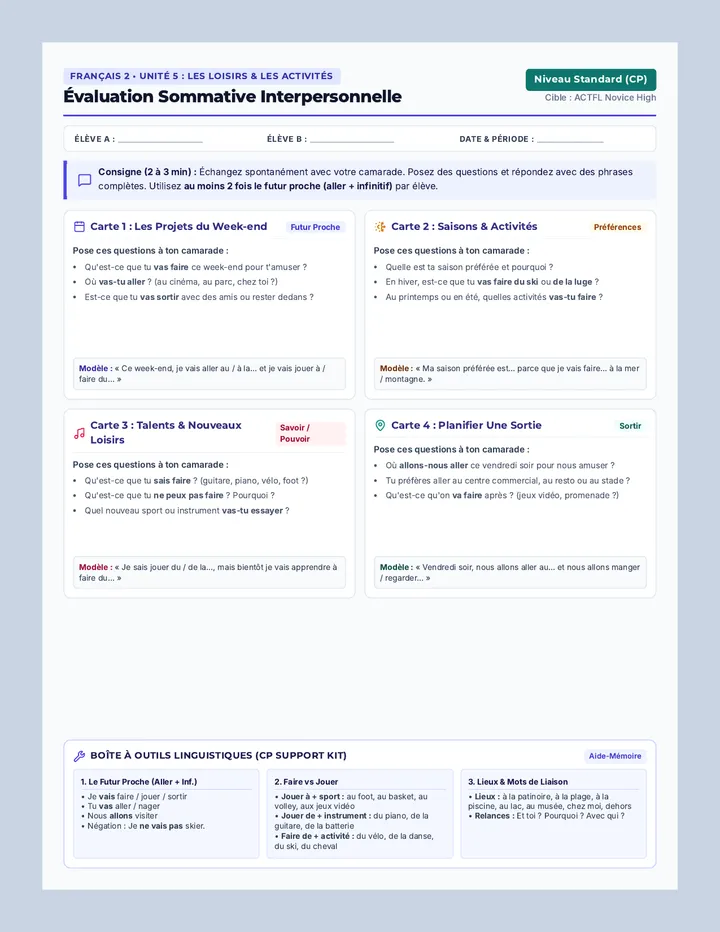 Parlons Loisirs Assessment Guide