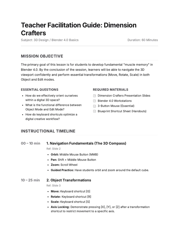 Dimension Crafters Teacher Guide
