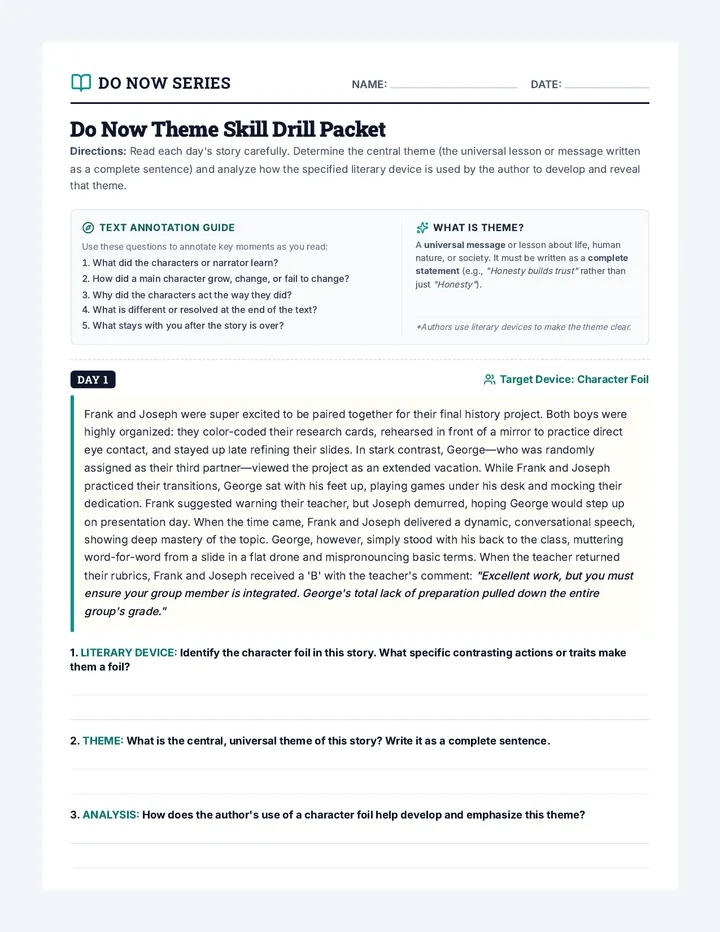 Theme Skill Drill Packet page 1