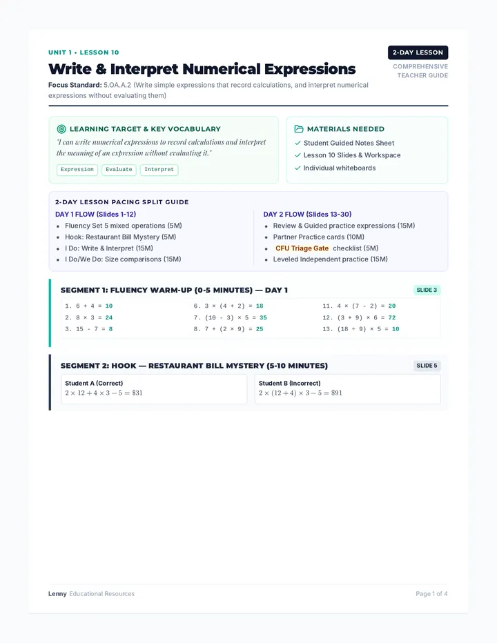 Write Interpret Expressions Teacher Guide